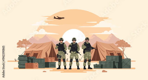 Military Soldiers Standing Guard at Desert Camp with Airplane Flying Overhead