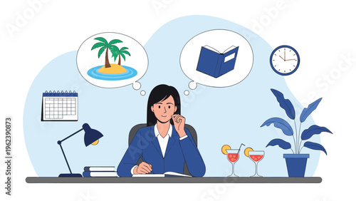 Daydreaming office worker sitting at her desk thinking about a tropical vacation and relaxation while busy with her daily work.