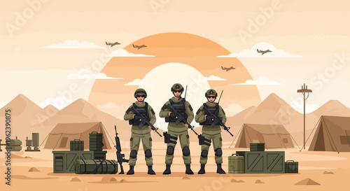 Military Soldiers Standing Guard at Desert Base Camp with Sun Setting