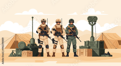 Military Soldiers in Desert Camp with Equipment and Tents