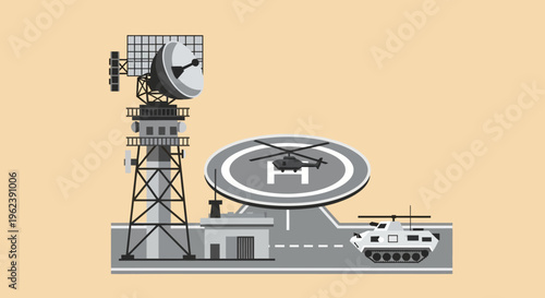 Military radar station, helicopter pad, and armored vehicle on beige background