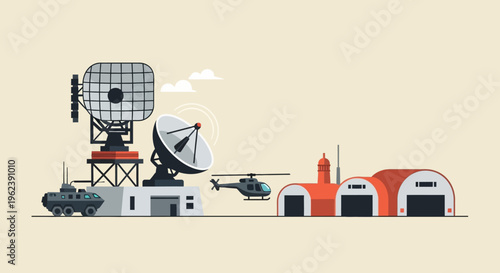 Military radar station with helicopter, tank, and hangars, defense technology, surveillance, air traffic control