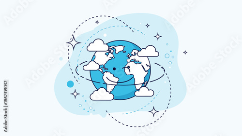 Stylized globe illustration showing planet earth surrounded by clouds and orbital paths representing nature and global connectivity.