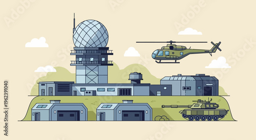 Military radar station with helicopter and tank, defense base, surveillance, technology, security