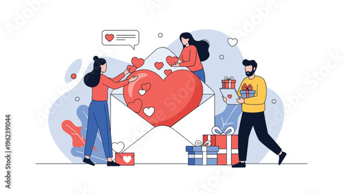 Loving people placing hearts into a giant envelope representing a collection of love letters, donations, or caring messages for charity.