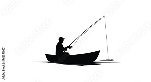 Silhouette of a man fishing in a small boat on calm water with a large fishing rod