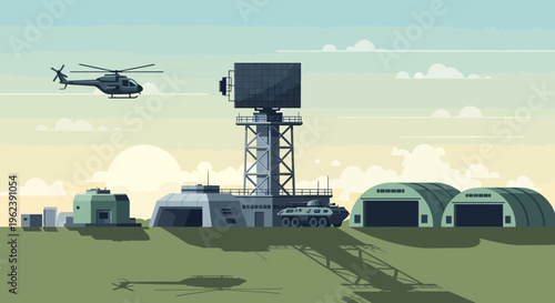 Military radar station with helicopter and hangars, surveillance and defense concept