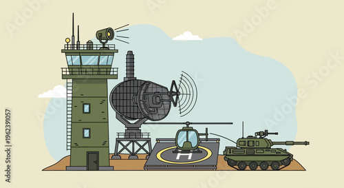 Military radar station with helicopter and tank, air traffic control tower, defense system