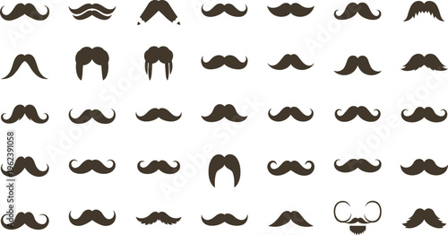 Collection of various mustache styles and shapes on white background