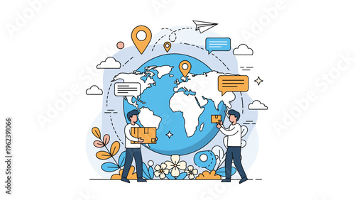 Global logistics concept with professionals managing package delivery in front of a world map with location marker icons.