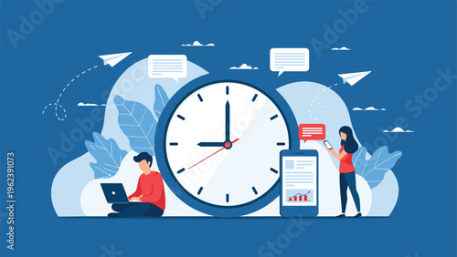 Efficient time management concept featuring people working around a giant clock to optimize productivity and meet project deadlines.