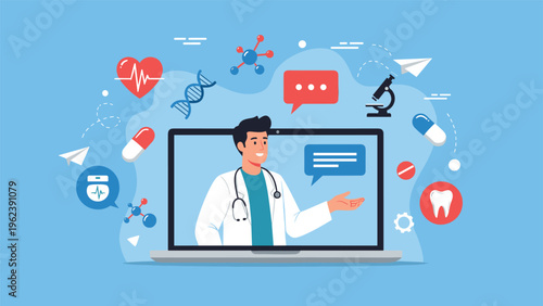 Modern telemedicine concept with a doctor on a laptop screen providing online medical advice and consultation to remote patients.