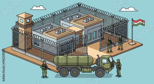 Military prison complex with guards, watchtower, and supply truck