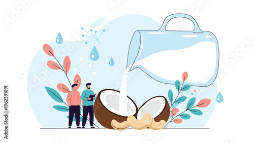 Healthy alternative milk concept with people next to a halved coconut and cashew nuts while milk is poured into the fruit shell.