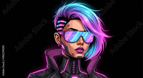 A futuristic woman with vibrant hair and neon glasses poses in a cyberpunk setting with a black background.