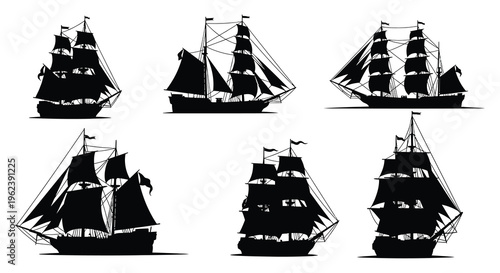 Six sailing ship silhouettes on white background