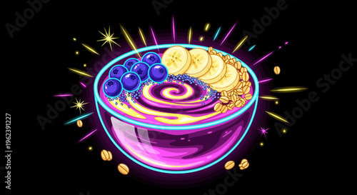 Vibrant neon illustration of a purple smoothie bowl with bananas and blueberries on top surrounded by coffee beans and colorful sparks.