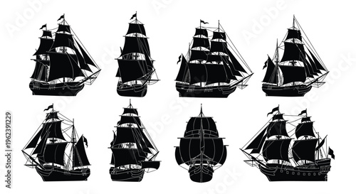 Silhouette of various sailing ships in different orientations
