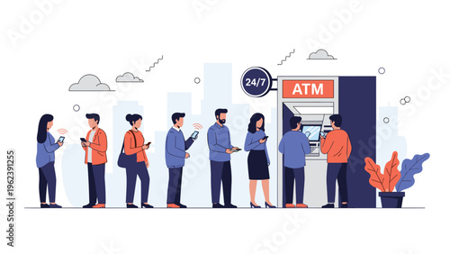 Line of people waiting at an ATM machine while using their smartphones depicting modern banking behavior and queuing technology.