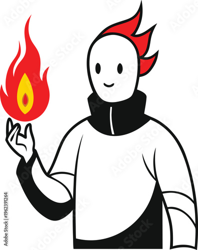 Stylized Character with Flame Hair Holding Fire