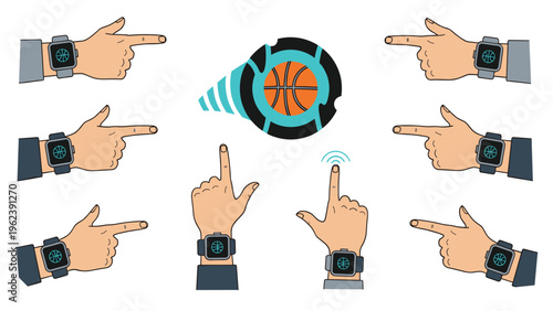 Multiple hands wearing smartwatches pointing towards a central basketball icon symbolizing sports tracking and wearable technology.