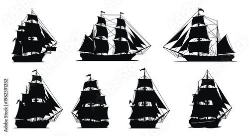 Silhouette of six historic sailing ships with multiple masts in various orientations