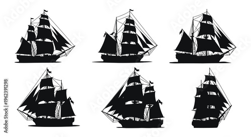 Silhouette of six historic sailing ships with varying angles and sails