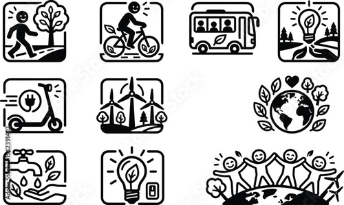 Sustainable lifestyle icons eco transport renewable energy green community environmental protection clean technology nature conservation vector illustration set