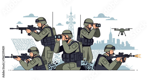 Military soldiers with drone and binoculars in urban warfare scenario