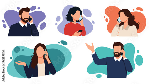 Set of five men and women engaged in phone conversations represented as colorful avatars with abstract background shapes.