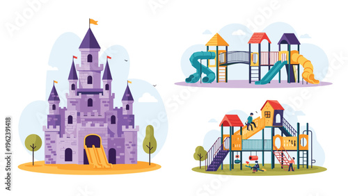 Set of play structures for children including a majestic purple fairytale castle and two modern outdoor playgrounds with slides.