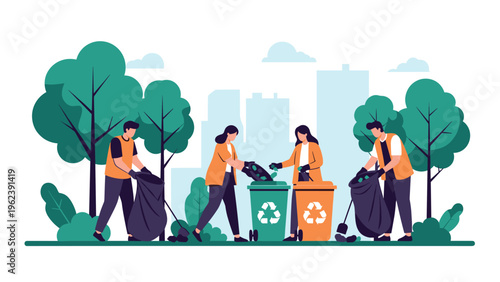 Group of volunteers wearing orange vests collecting garbage and recycling waste in a city park with trees and skyscrapers.