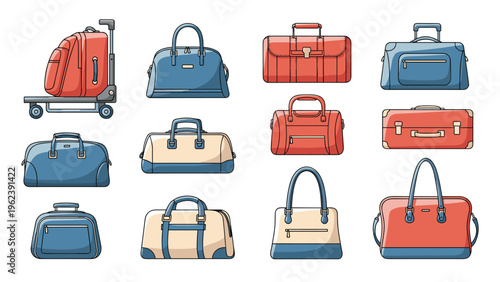 Diverse collection of luggage items including suitcases on wheels, duffel bags, handbags, and travel totes in various colors.