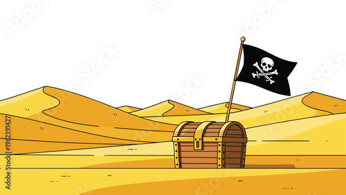 Wooden treasure chest sitting on sand dunes in a vast desert under a bright sky with a black pirate flag flying next to it.
