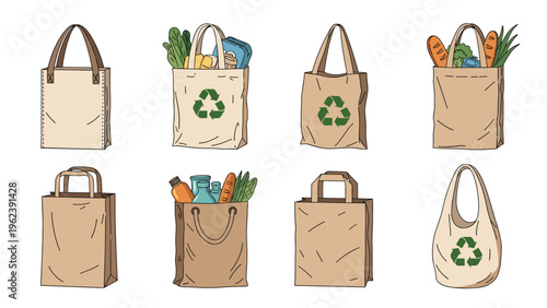 Assortment of reusable eco-friendly shopping bags made of cloth and paper filled with fresh groceries and produce.