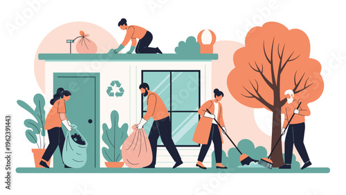 Group of diverse volunteers cleaning up a garden area and picking up litter near a green recycling symbol.