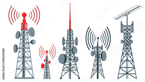 Various telecommunication towers and radio antennas emitting signal waves against a plain white background.