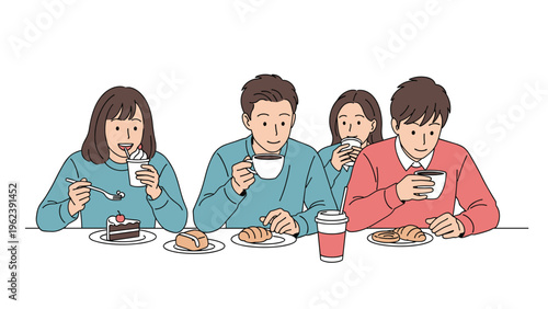Diverse group of young people sitting at a cafe table enjoying coffee, tea, croissants, and chocolate cake.