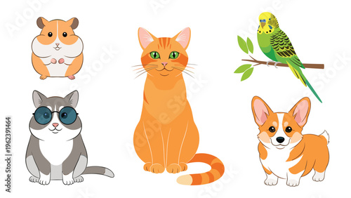 Adorable collection of household pets featuring a hamster, two cats, a green budgie, and a corgi puppy.