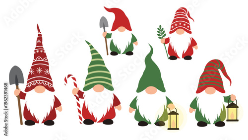 Charming set of Christmas gnomes with long beards and tall pointed hats holding festive items like candy canes and lanterns.