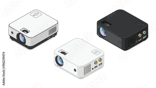 Set of three modern digital projectors in white and black colors shown from an isometric perspective for professional business presentations.