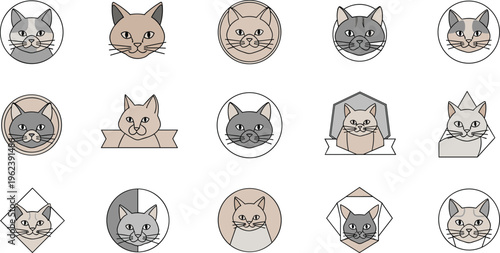 Cat Logo Badge Icon Set with Cat Face Emblems, Pet Shop Logos, Animal Labels, and Vintage Badge Design Vector Collection