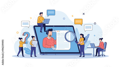 HR recruitment team evaluating candidate profiles on a large laptop screen using a magnifying glass to find the best talent for a new job.
