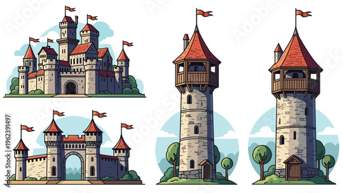 Set of medieval stone castle structures and defensive towers with red roofs and flags against a white background.