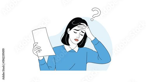Stressed young woman looking confused while holding a document with a question mark floating above her head.