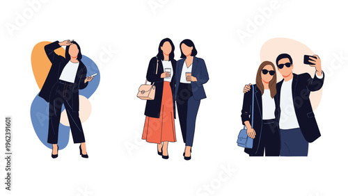 Group of stylishly dressed people in modern business casual attire posing for photos in a minimalist setting.