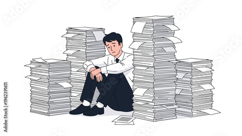 Overwhelmed businessman sitting on the floor surrounded by massive stacks of paperwork expressing stress and exhaustion in the office.