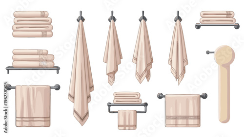 Assortment of soft pink bathroom towels presented in various arrangements including hanging on hooks and neatly folded on metal racks.