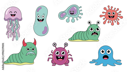 Diverse collection of colorful cartoon monsters and microbes featuring various expressions from happy to angry on a white background.