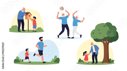 Group of active seniors and young people engaging in various outdoor activities including jogging, volleyball, birdhouse building, and walking.